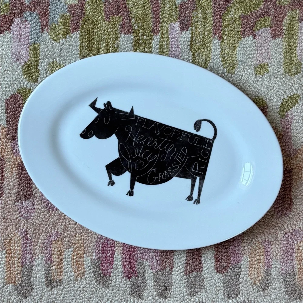 🐄Crate&Barrel Oval Cow Platter EUC Flavorful Rich Hearty Juicy Grassfed 11.75”